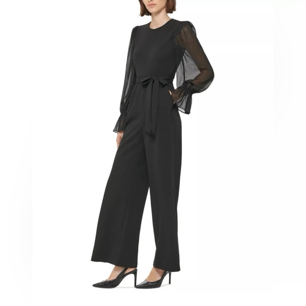 Calvin Klein Black Sheer-Sleeve Wide-Leg Jumpsuit